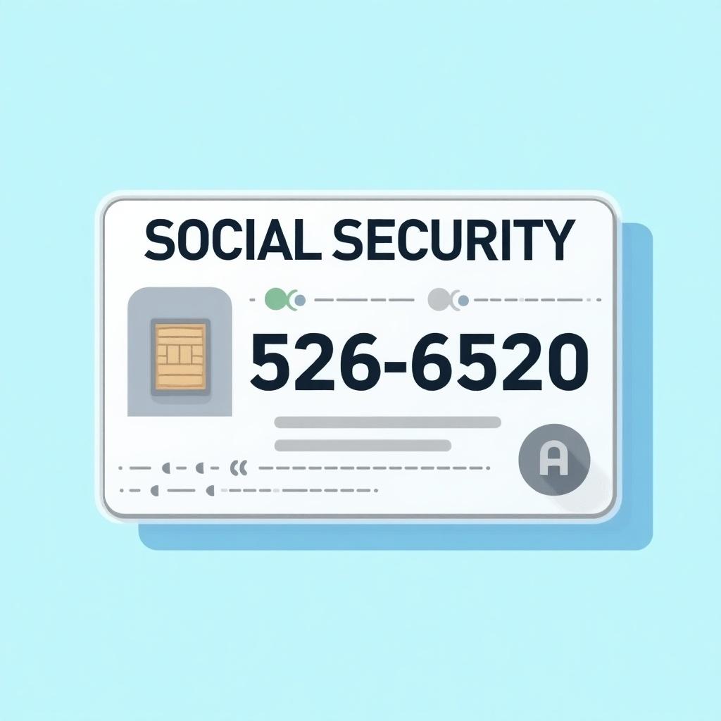 Generic depiction of a social security card. Card has 'SOCIAL SECURITY' at the top. Key numbers displayed are '526-6520'. Includes a graphic chip. Decorative elements indicate official nature. Background is soft blue, enhancing visual appeal. Design is professional and clean.