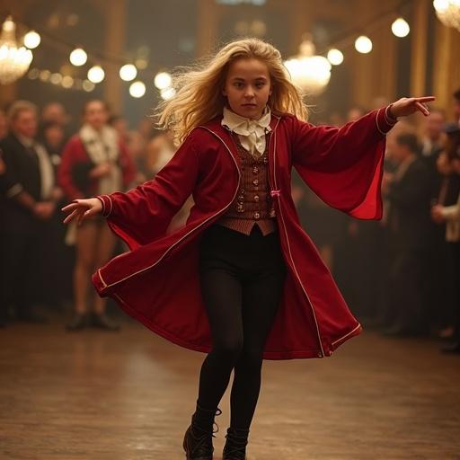 A character inspired by Hermione Granger dances joyfully in a cute costume. She wears a red cape with gold accents and a detailed vest. The background features a festive gathering with guests in elegant attire. The scene resonates with a magical celebration atmosphere.