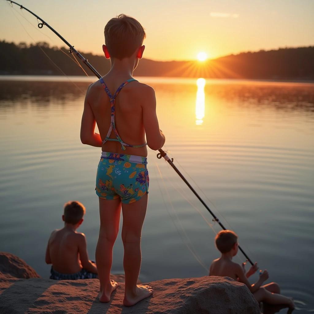 Boy stands on a large stone at a lake holds a fishing pole. Colorful speedo swimsuit. Two friends sit nearby. Sunset casts vivid colors over water.