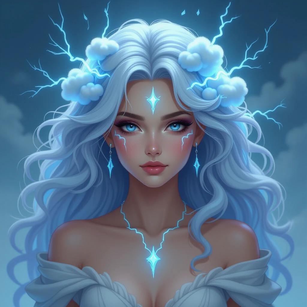 A storm goddess depicted with long flowing silver hair styled as clouds. Lightning veins run through her hair and body. She wears an elegant outfit. The background glows softly with a mystical ambiance.
