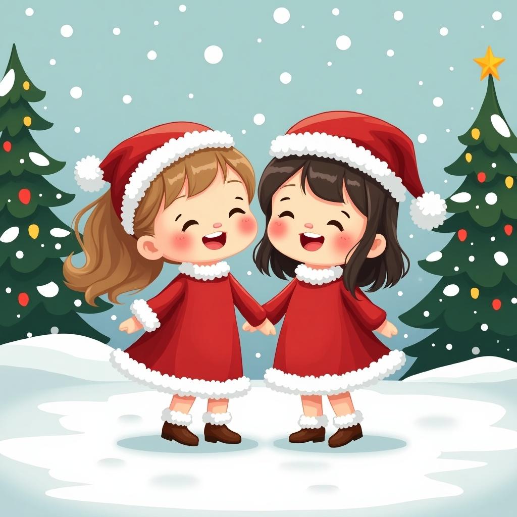 Two chibi children in festive Christmas dresses stand together in the snow. They wear red dresses with white accents. They are surrounded by a snowy landscape and evergreen trees decorated for Christmas. Expressions convey excitement for the holiday season.