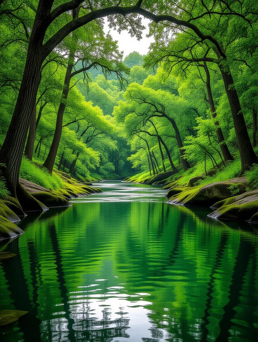 Captivating river flowing through ancient forest in Texas. Emerald green water with reflections. Towering trees and moss-covered rocks along the riverbank. Peaceful scene perfect for camping or fishing. Ground-level perspective with cinematic lighting.