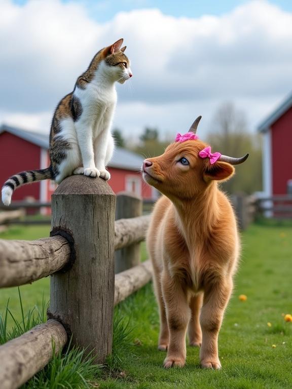 Charming and playful farm scene with a cat and a Highland cow calf. The cat sits on a wooden fence post, looking down with a gentle demeanor. The calf below has light reddish-brown fur and pink bows on its horns, standing curious. Background includes red barn buildings and a grassy field under a partly cloudy sky.