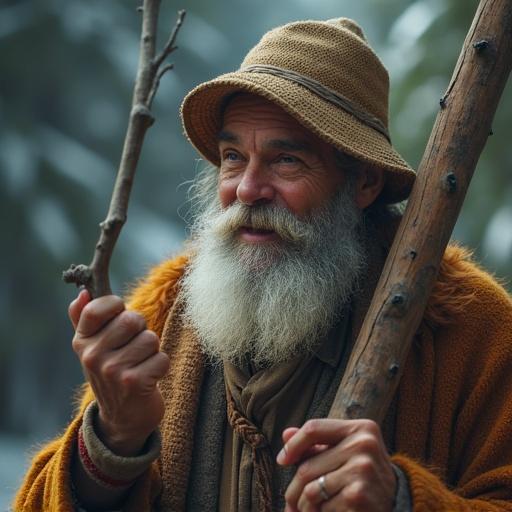 Create a video featuring an elderly man outdoors, with a soft natural environment, showcasing storytelling or wisdom.