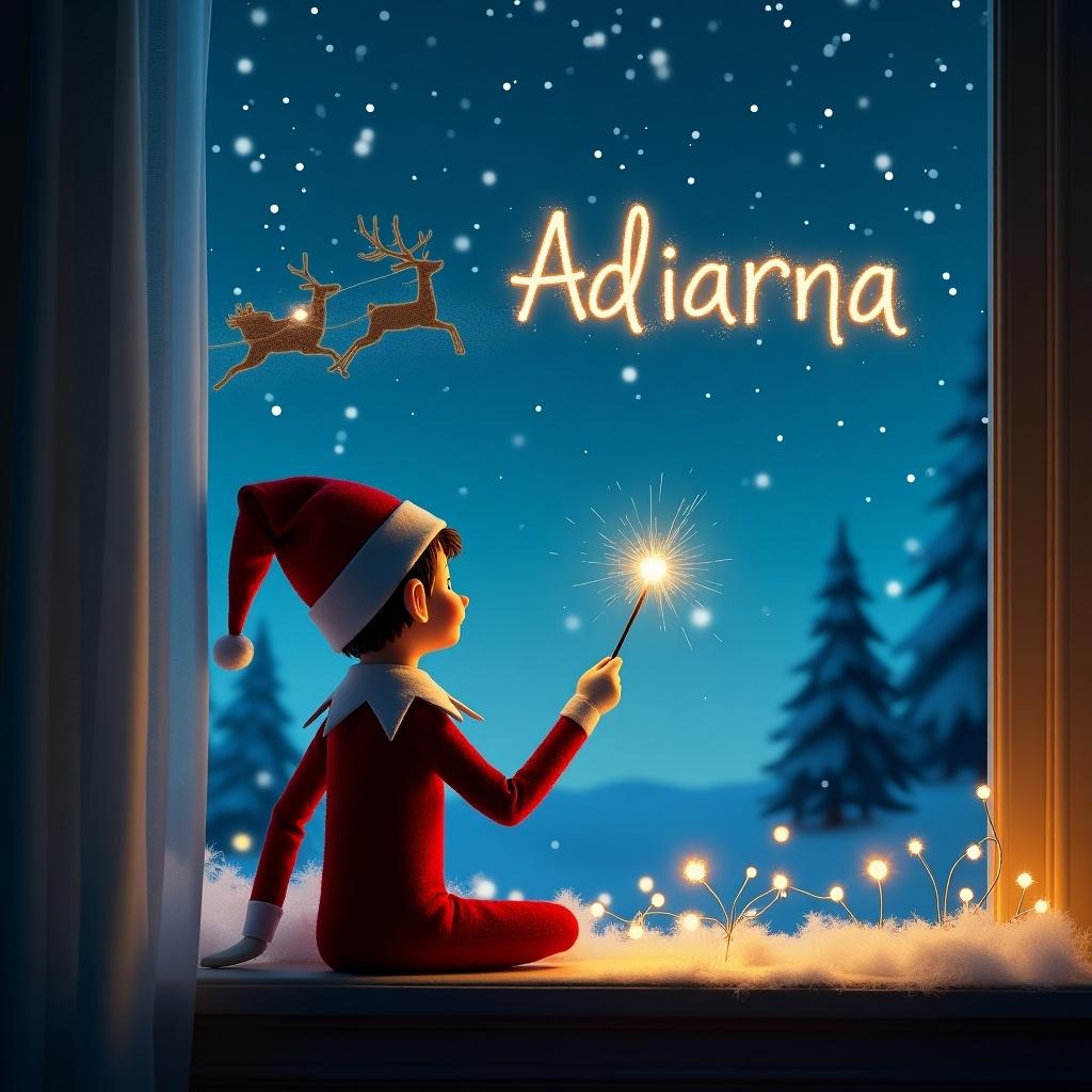 The image depicts an Elf on the Shelf character with his back facing outward. He is using a magical wand to write the name 'Adiarna' into the starry night sky. In the background, a silhouette of Santa in his sleigh, along with reindeer, can be seen flying past. The scene is set inside a cozy environment, looking out of a window adorned with soft snow and twinkling lights. This enchanting winter scene captures the festive spirit of Christmas and the magic associated with Elf on the Shelf.