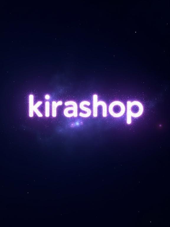 High-resolution image features ethereal glowing text kirashop.com.ua in a liquid-like typeface. Letters composed of cosmic dust radiating soft light. Background is dark, deep space void. Text floats weightlessly with light trails and energy particles.