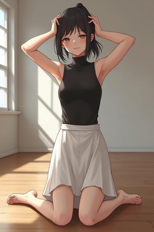 Anime girl with brown eyes and short black ponytail. Dressed in a black sleeveless turtleneck and a white skirt. Kneeling on hardwood floor with hands on head. Suggestions of being relaxed in a bright empty room.