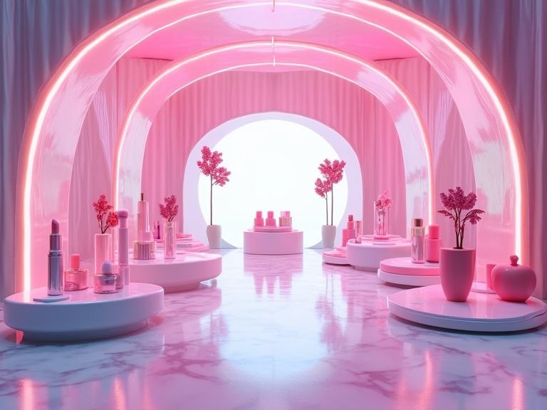 3D render image of a futuristic beauty festival with bright colors and unique displays. Features tall display pods for makeup in candy colors and a wavy metallic ceiling. Highlighted with bright lighting creating a playful atmosphere.