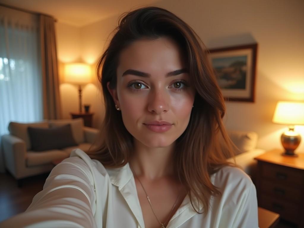 This image features a young woman in her 20s with brunette hair, taking a selfie in a warm, inviting living room. She is wearing a white blouse and has a natural, fresh look. The background shows a cozy sofa and lamps, creating a soft ambiance. The lighting is warm, highlighting her features. This casual setting suggests a comfortable and relaxed moment captured in a personal space.