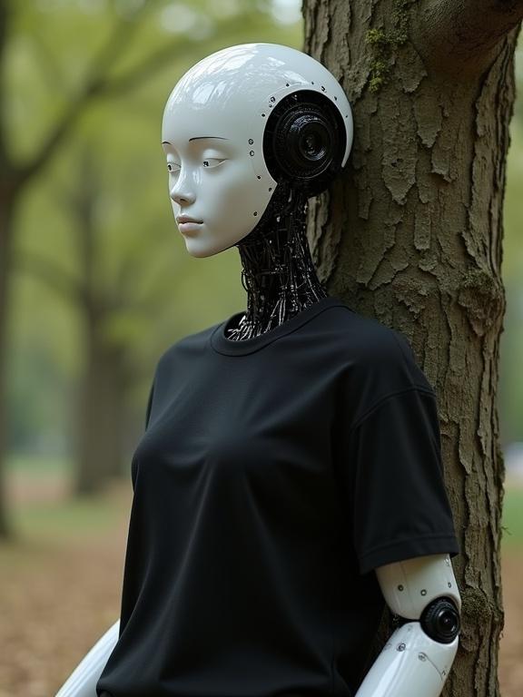 A photo-realistic humanoid female robot. The robot wears a classic black t-shirt. The robot leans against a tree. One hand is resting at the side. The robot is shown from the knees up with a human-like face.
