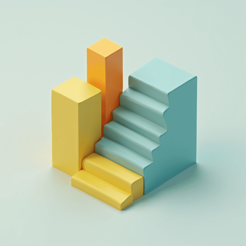 The image depicts a minimalist 3D arrangement of staircases and colored blocks in soft pastel hues.