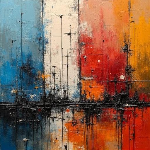 Oil painting with abstract forms. Colorful acrylic collage with vibrant textures.