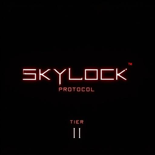 Minimalist design features the text 'SKYLOCK PROTOCOL – TIER II' on a black background with a red overlay and slight glitch effects.