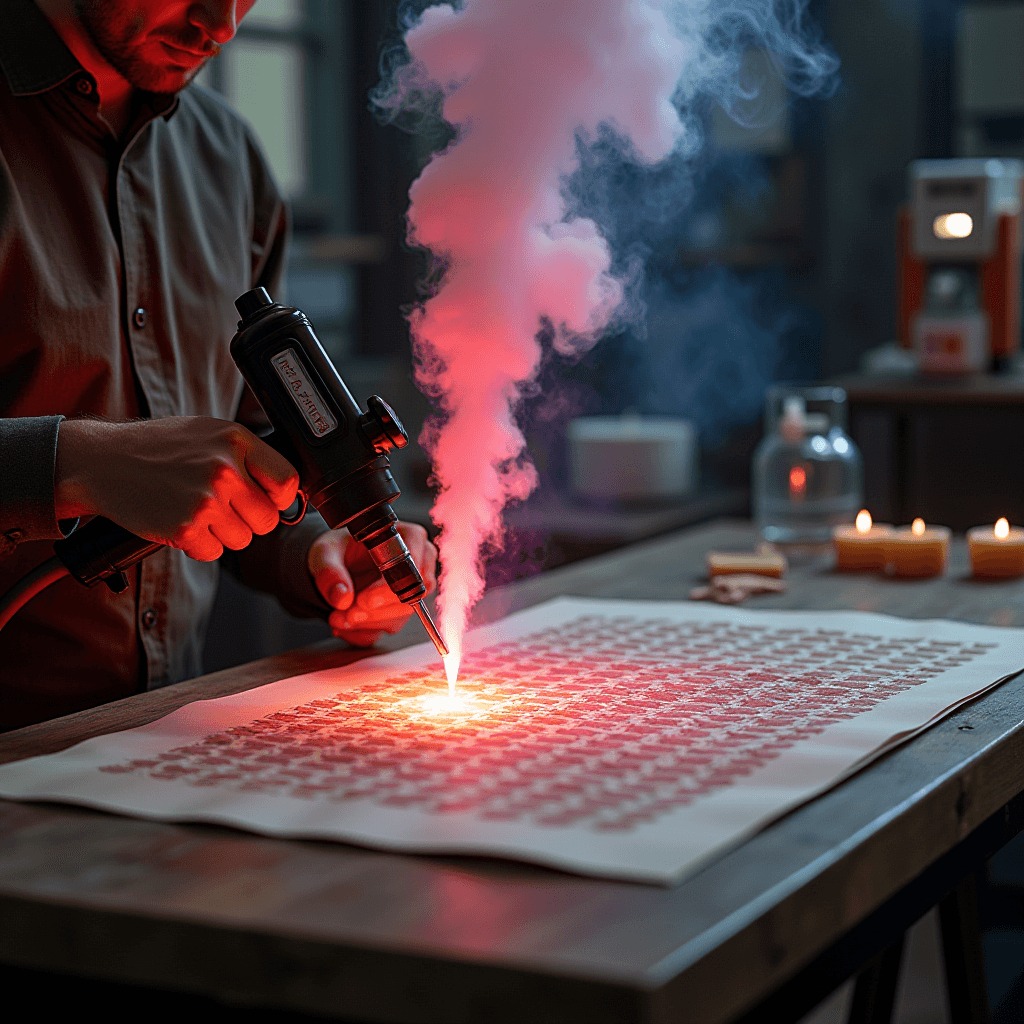 A person is using a pyrography tool to burn a pattern onto paper, with red smoke rising dramatically.