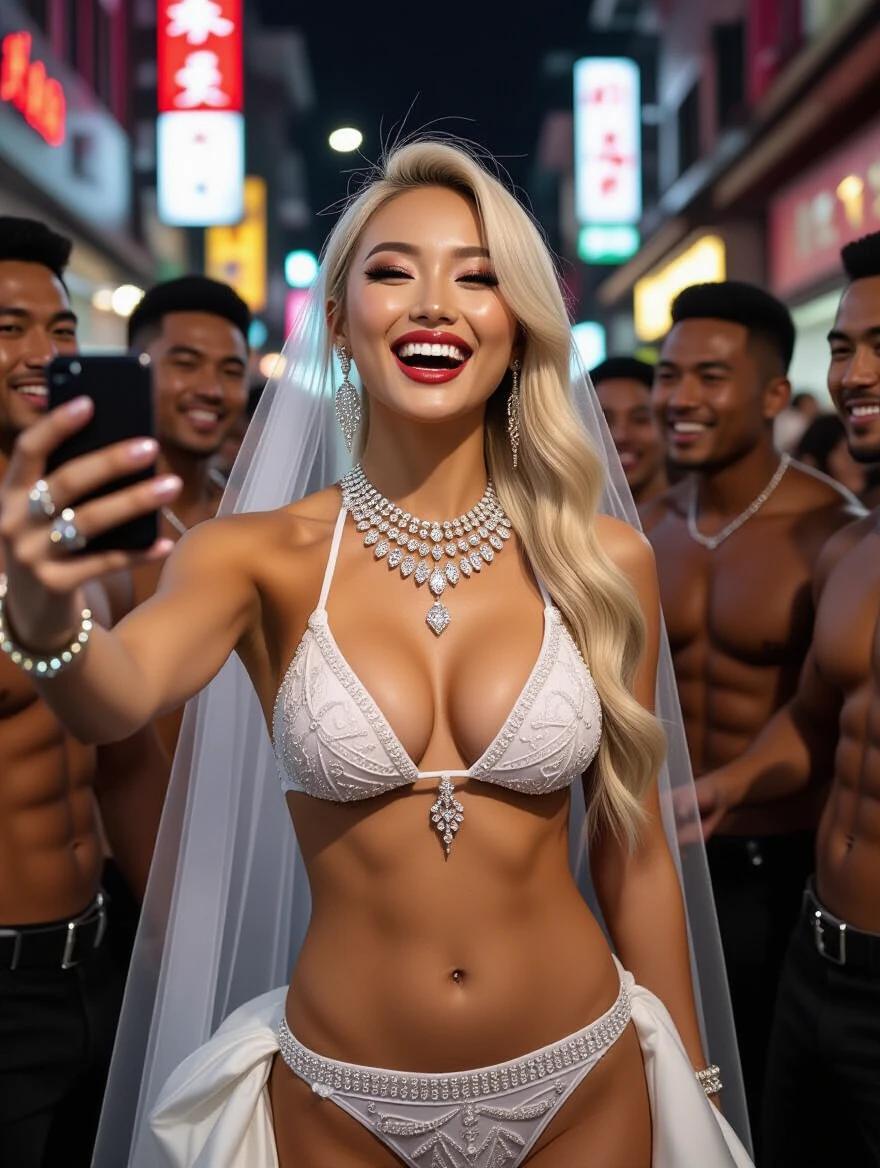 Model poses in wedding bikini on a narrow street. High ponytail styled. Wears heavy crystal jewelry with a veil. Bright makeup applied. Laughs and appears tipsy. Takes a selfie surrounded by muscular friends.