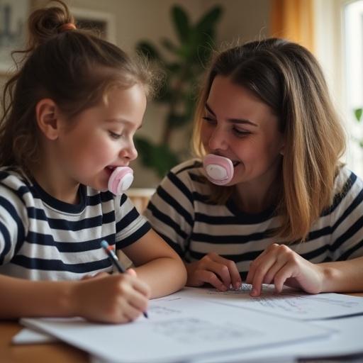 A girl with a diaper and jumpsuit does homework at home with her mother. They both have oversized pacifiers. They sit focused at a cozy table. The room is well-lit and inviting.