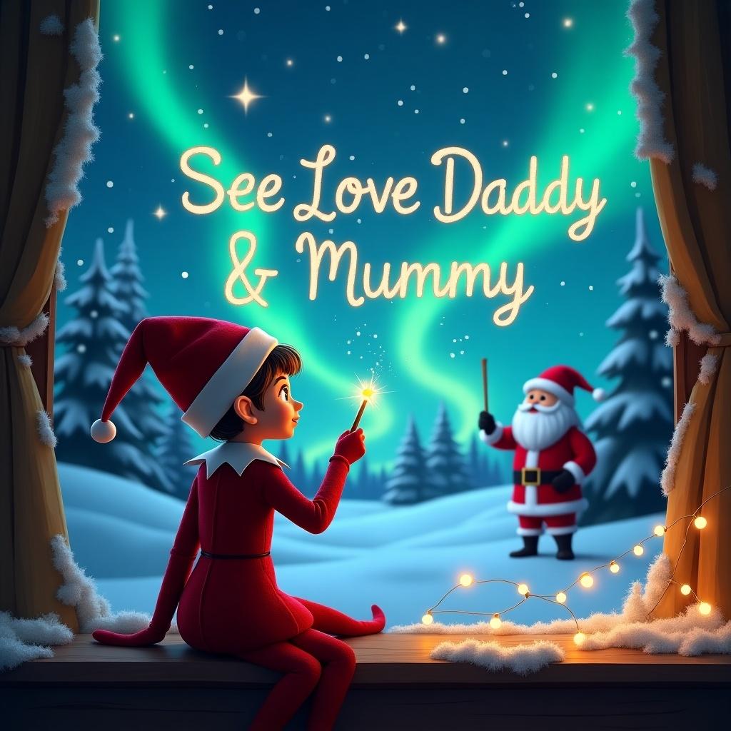 Female elf sits with back towards viewer writing in the sky with a magic wand. Magical Christmas scene with northern lights in the background. Santa Claus in distance creating festive atmosphere. Message See Love Daddy & Mummy elegantly written in the sky.