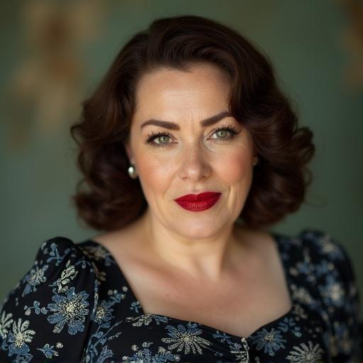 Charming housewife with face wrinkles and 1950s hairstyle. Big red lips and vintage floral black and blue dress. Portrait of a brunette with a chubby body and intense glance. Green eyes.