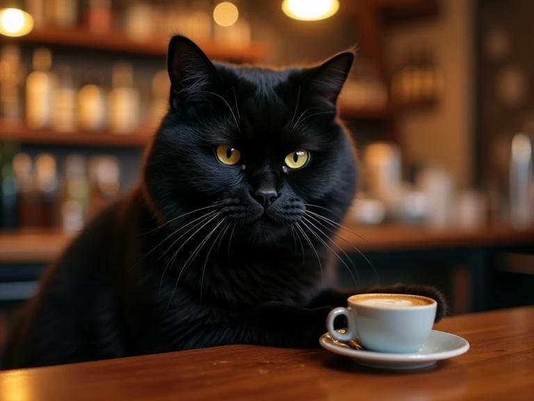 Realistic depiction of a humanoid black cat barista preparing coffee at a bar counter. Intimate ambiance.
