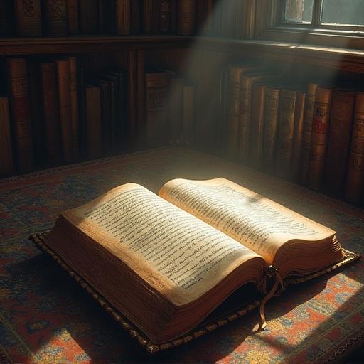 An open ancient book on a wooden table in a library quiet space with rays of sunlight filtering through a window illuminating the pages. Background features shelves filled with books.