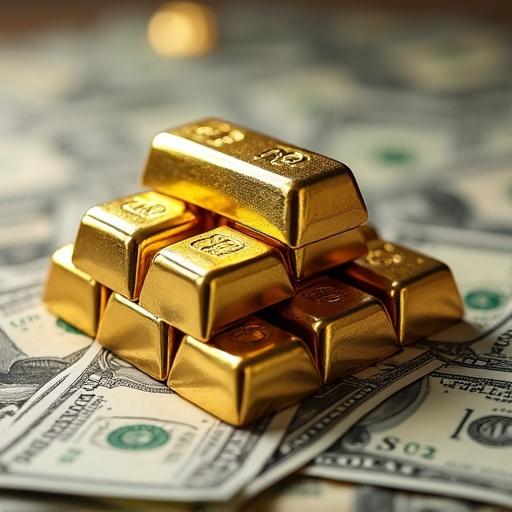 Close-up image of several gold bars arranged in a pyramid shape on scattered US dollar bills. The image highlights their shiny, reflective surfaces and detailed textures. Natural light adds realism and depth to the scene. Macro focus on the gold bars and dollar bills, showing quality and richness.