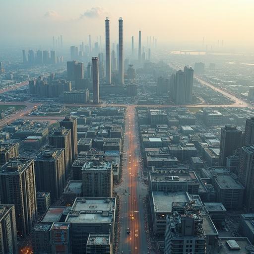 Aerial view of a large industrial belt. Factories dominate the skyline producing electronics and automobiles. Housing for workers visible in high-density structures. Population estimated at 7.2 million.