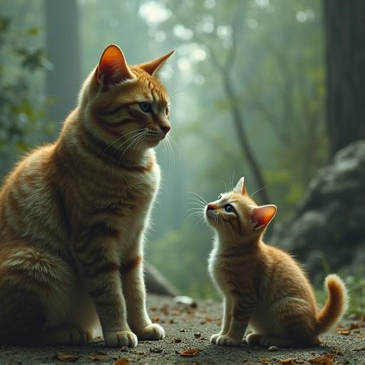 Cats are depicted as the dominant species in a whimsical world where they interact like humans. The scene shows an adult cat and a kitten in a lush green environment, emphasizing their bond.