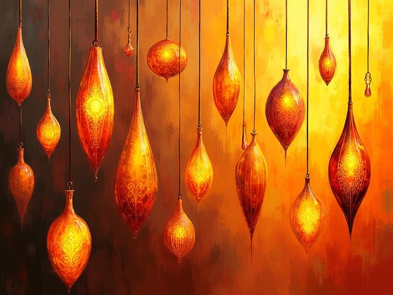 Digital painting features strings of abstract ornamental shapes resembling elongated beads. Shapes have a glossy surface with molten texture. Color palette transitions from deep oranges to bright yellows. Internal patterns include stripes and floral designs. Some shapes are symmetrical while others are organic.