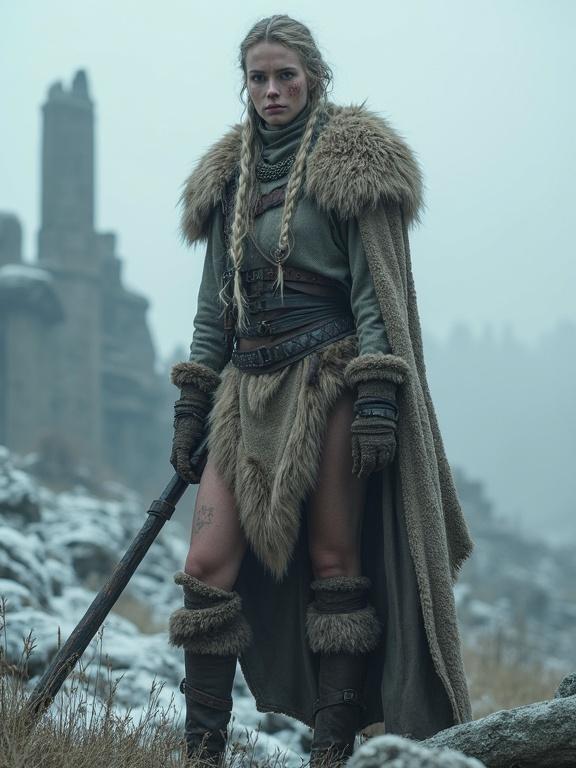 Photorealistic full-body portrait of a tall proud huntress standing on ruins of an ancient city. Physique is lean and muscular from hunting. Pale skin is wind-burned with freckles and scars. Hair is braided and frost-hardened. Wears layered animal hides and fur cloaks. Holds a scavenged weapon. Scene captures cold mist without snowfall with cinematic lighting.