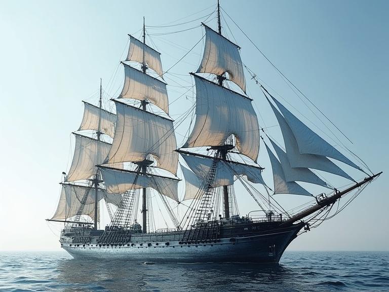Majestic fully rigged tall ship in synth-wave style with smashed glass texture shine and reflections