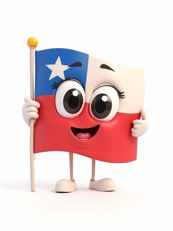 Cute animated flag of Chile with large cartoon eyes. Flag has a happy smile. Small arms waving hello. 3D rendering. White background. Designed for kids animation. Friendly and cheerful look.