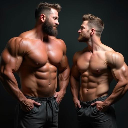 Image of two muscular bodybuilders. One is a father, age 38, and the other is his son, age 20. Both have prominent male body hair. They are in full stature, showcasing their physique.