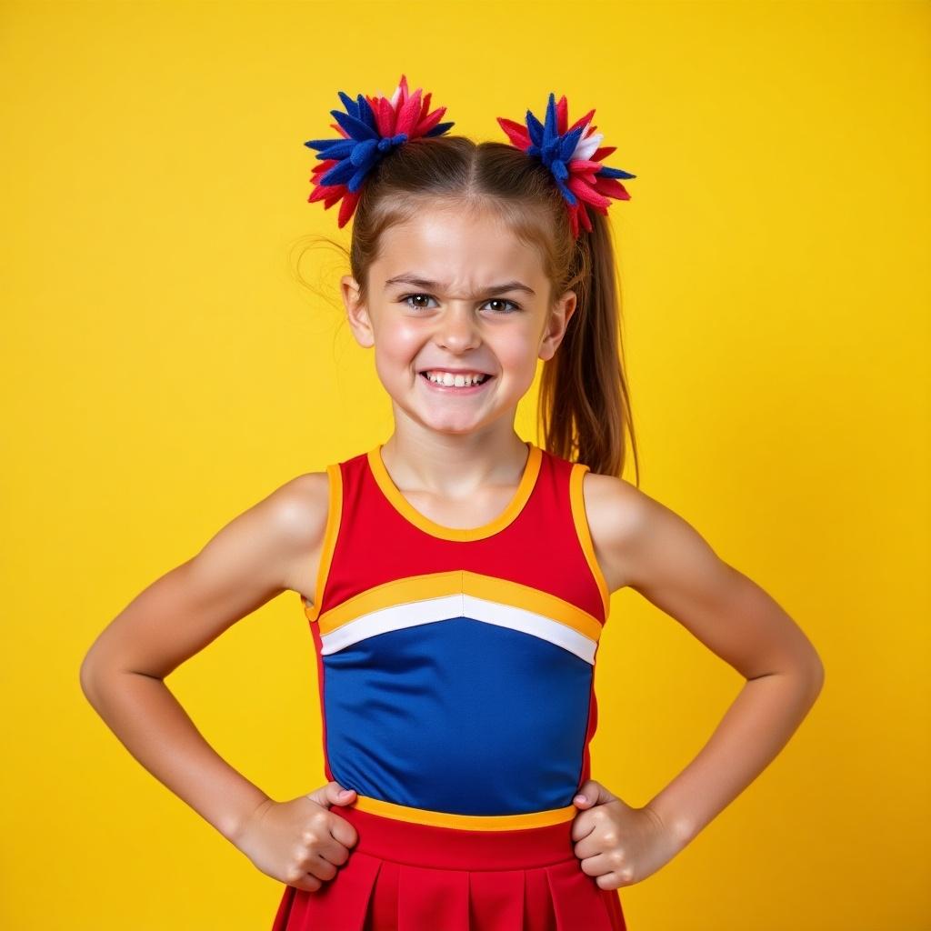 Cheerleader in colorful uniform stands with fists on hips. She appears frowning. Bright yellow background adds playfulness. The vibrant outfit features red and blue colors. Cheerleader shows confidence. Hair accessories enhance the cheerful theme.