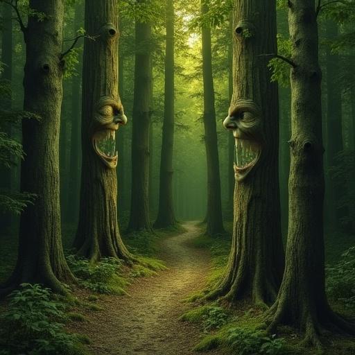 A dense forest where tree trunks subtly form human faces in the bark. Illusion art with a green-golden palette. Shadows reveal expressions from certain angles. Emotional and haunting. High detail.