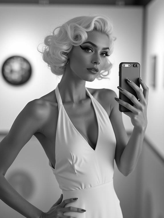 A glamorous woman styled like a vintage Hollywood icon stands confidently in a sleek modern art gallery. She has platinum blonde curls winged eyeliner and a beauty mark. She wears a classic white halter dress reminiscent of 1950s film stars. The image showcases high-contrast black and white photography. She is taking a selfie with a modern smartphone.