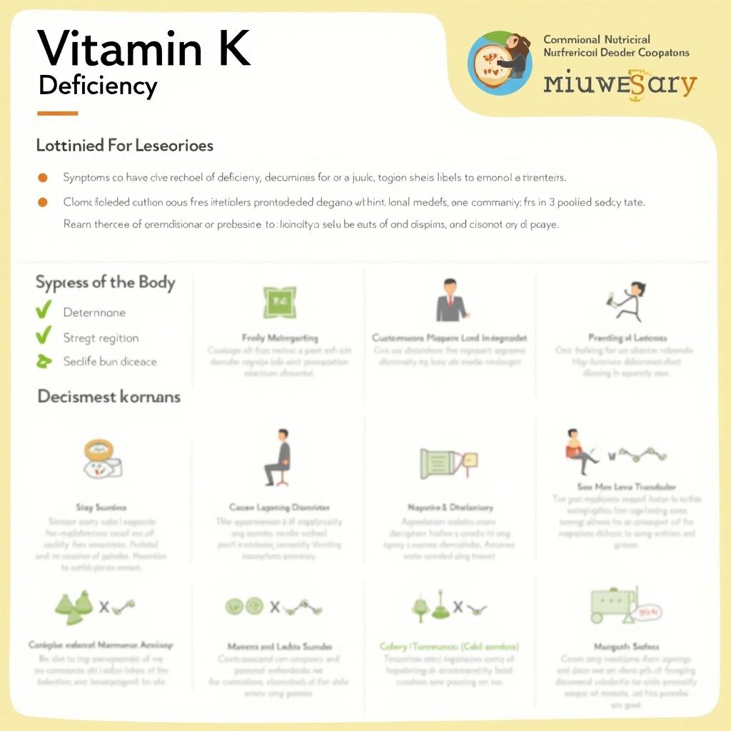 Pamphlet on Vitamin K deficiency. Infographic format explains symptoms, causes, effects, diagnosis, and treatment. Designed for educational purposes.