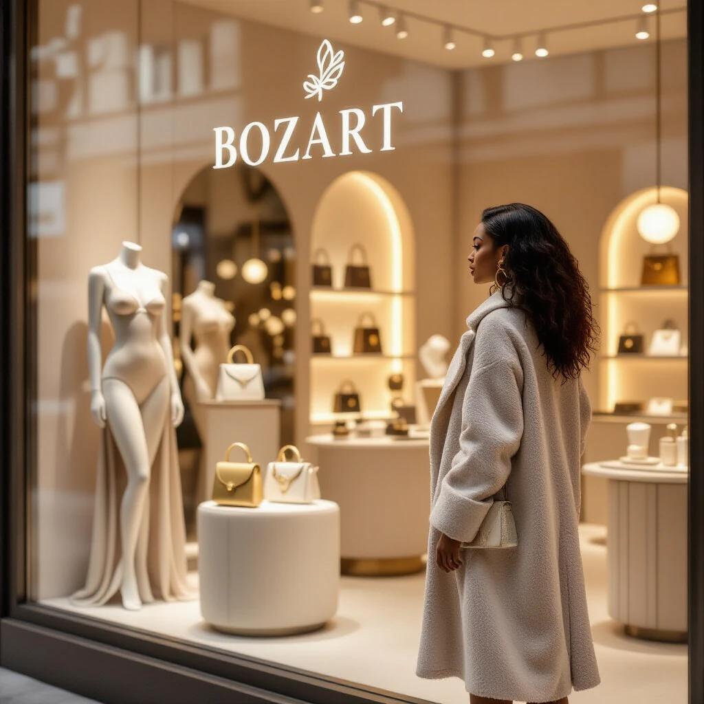 Boutique storefront features artistic design. Woman with African descent stands in front of window. She admires flowing displays of lingerie handbags and jewelry. Logo glows on glass elegantly. Scene feels warm mysterious and charged with emotion.