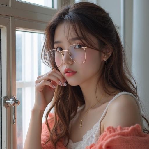 A woman wearing glasses sitting by a window. She has long hair and a light pink top. Natural light fills the room, creating a calm atmosphere. Her thoughtful expression conveys serenity.