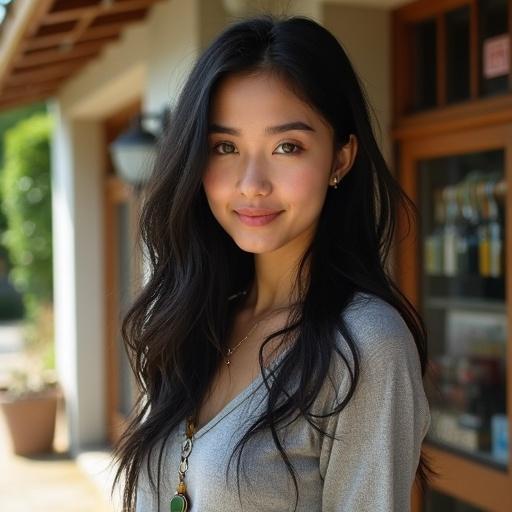 Realistic amateur photo of a 21 year old woman with black hair and green eyes in front of a quaint country store on a sunny afternoon. She is casually dressed and displays realistic skin without supermodel features.