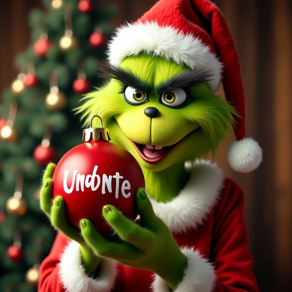 Grinch character holds red Christmas ornament with name Undīnīte. Character wears Santa hat. Christmas tree appears in background.