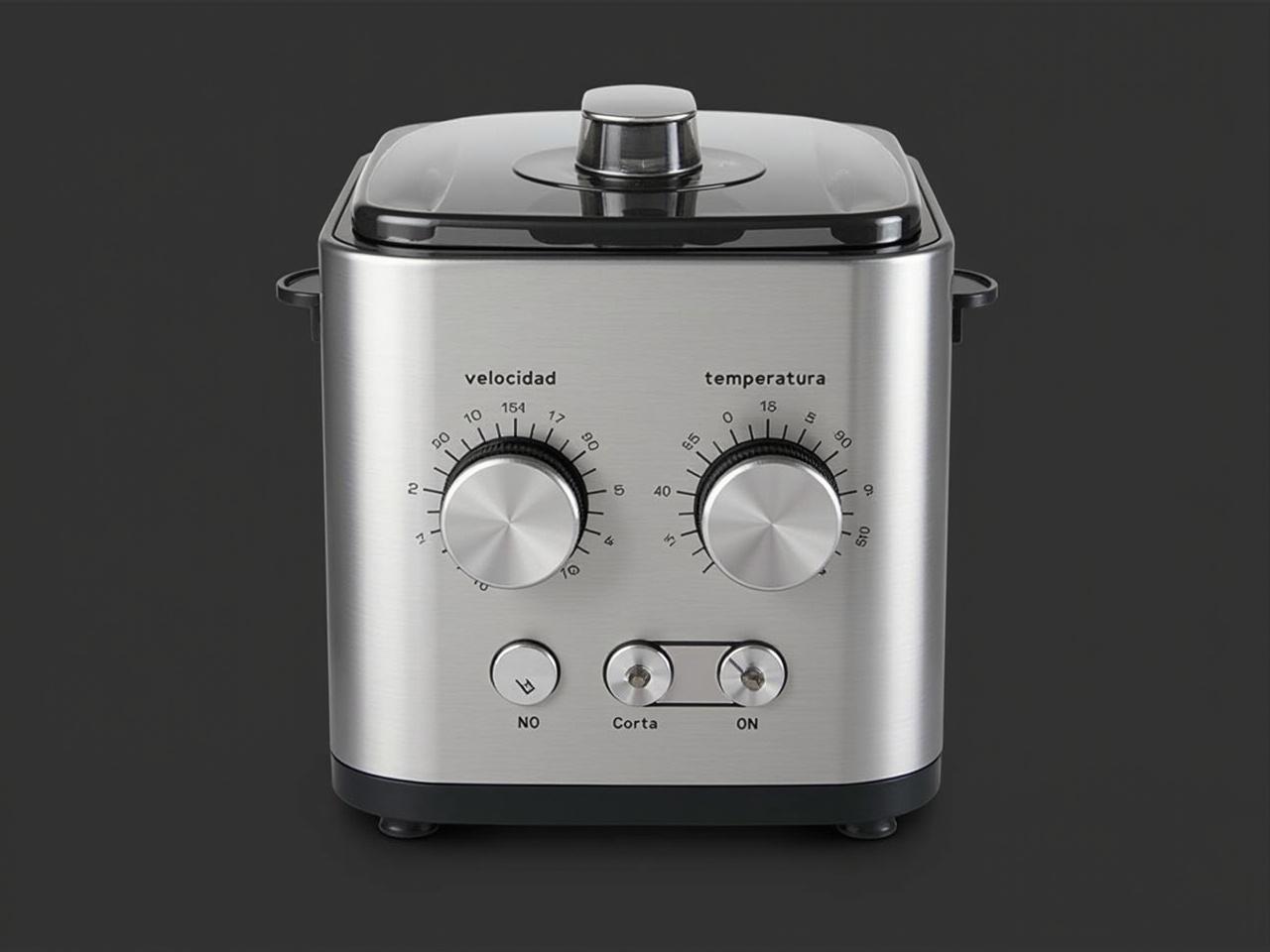 Convert this design into a professional product photography of a sleek, modern food processor. The device is rectangular-shaped with a clean stainless steel finish, giving it a polished look. It features a lid on top with a small opening, ideal for adding ingredients while in use. There are two circular dials prominently displayed for 'velocidad' on the right and 'temperatura' on the left, with clear markings to indicate settings. Below these dials are three buttons: 'NO-Corta' on the left, 'Corta' on the right, and 'ON' in the center, designed for easy access. The overall aesthetic is contemporary, showcasing the product's functionality and elegance.