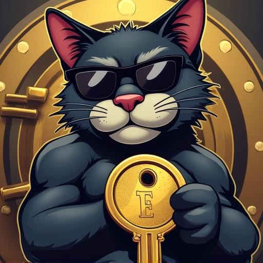 Illustration of a muscular cat with dark sunglasses. Cat holds a bank vault key. Background includes gold and silver bars. Represents meme coin theme.