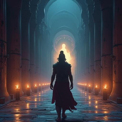 Powerful scene of Karna walking away from Krishna in a dim royal corridor. Karna's back faces viewer. Anga armor shines in fading light. Shoulders heavy head bowed showing turmoil. Krishna stands behind glowing softly in golden-blue light. Corridor stretches into darkness with torchlight casting shadows. Mood is heavy illustrating fate's acceptance. Artistic style is cinematic 3D pixel art with ambient lighting and dramatic shadows.