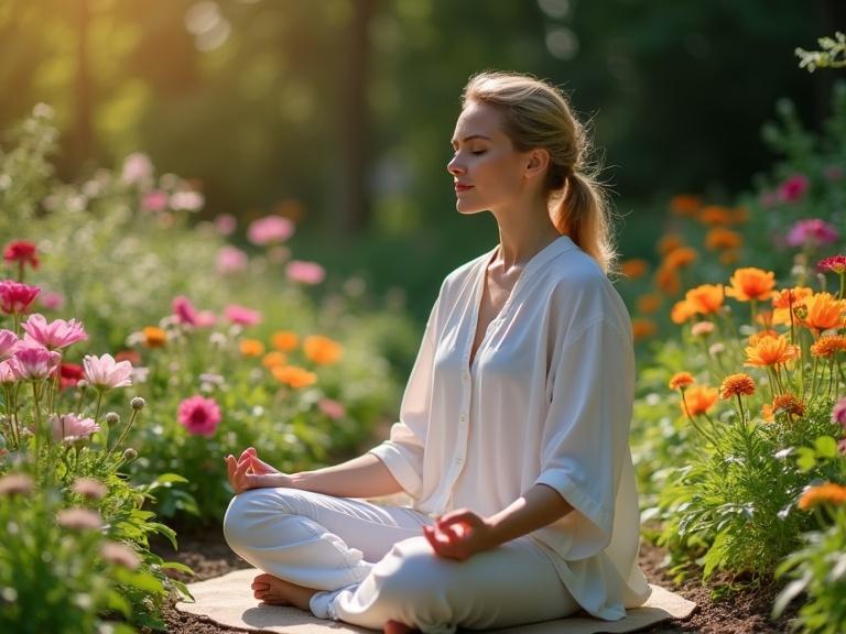 Meditative woman dressed in white sitting cross-legged in a floral garden surrounded by colorful flowers