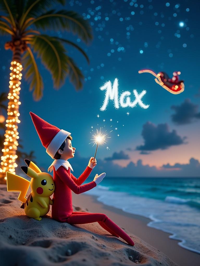 An elf sits on a sandy beach at night. Pikachu is beside the elf. The elf holds a sparkler writing the name 'Max'. The sky is filled with stars. Palm trees are decorated with lights. A sleigh with Santa is flying overhead. The scene embodies holiday cheer.