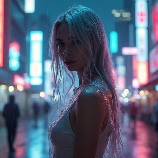 A young woman with silver blonde hair stands in a neon lit futuristic cityscape. She is partially covered in transparent plastic wrap. The scene is rainy with dramatic cinematic lighting. The setting features vivid colors and urban fantasy elements.
