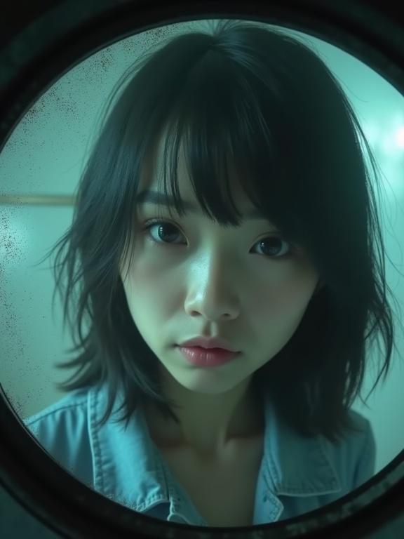 A pretty woman looks directly at a CCTV camera. The image appears grainy and low-resolution due to camera effects. Timestamp and static lines are visible. Use a fish-eye lens effect.