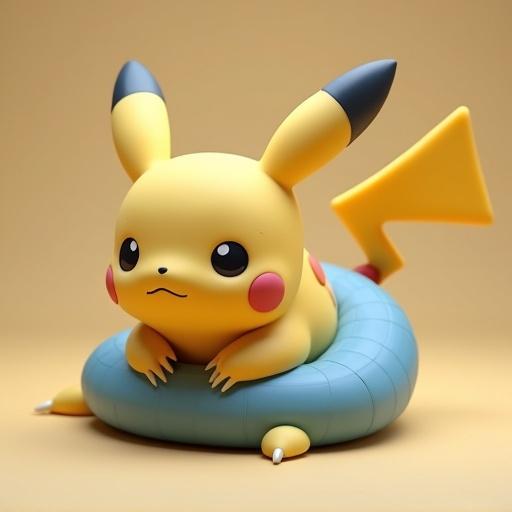 3D-rendered figure of Pikachu in elegant resting position. Soft studio lighting with clean beige background. Art style resembles collectible figure with smooth surfaces. Serious and focused expression.