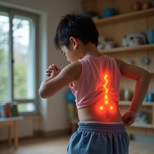 Child showing signs of pain in the back during exercise. Soft lighting creates a warm atmosphere. Glowing effects highlight the area of discomfort. Focused on the child’s expression and body language.
