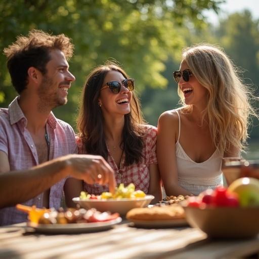 Three friends smiling and sharing a meal at a picnic table during summer. Lower saturation for a softer look, no dramatic lighting.